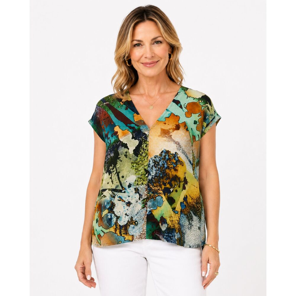 Bryn Walker 100% Silk Abstract Print V-Neck Blouse Top Made USA Italian Fabric